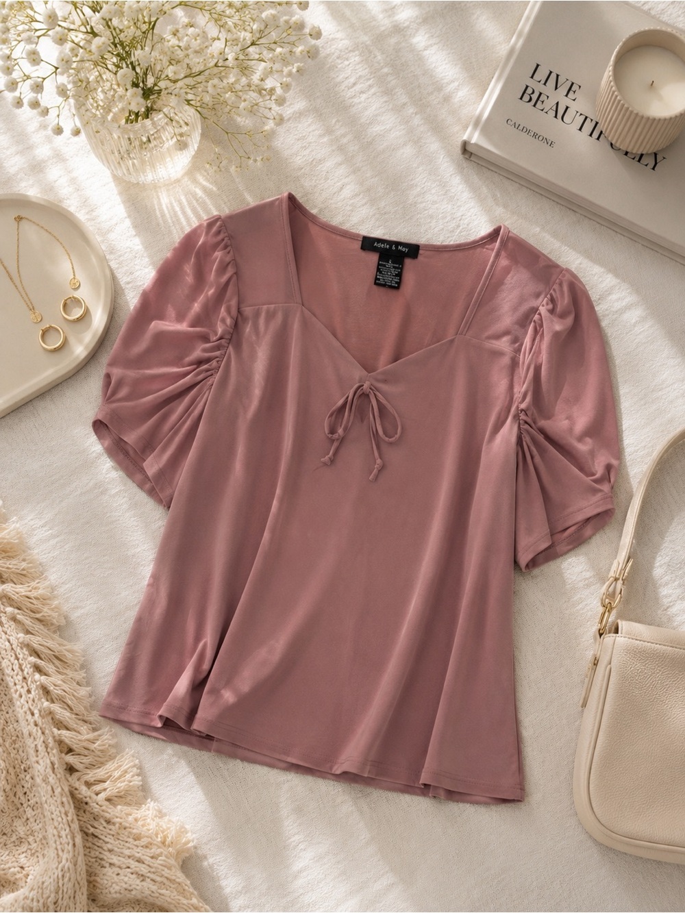 Adele & May Dusty Rose Tie Front Blouse Sheer Sleeve Romantic Top Size L